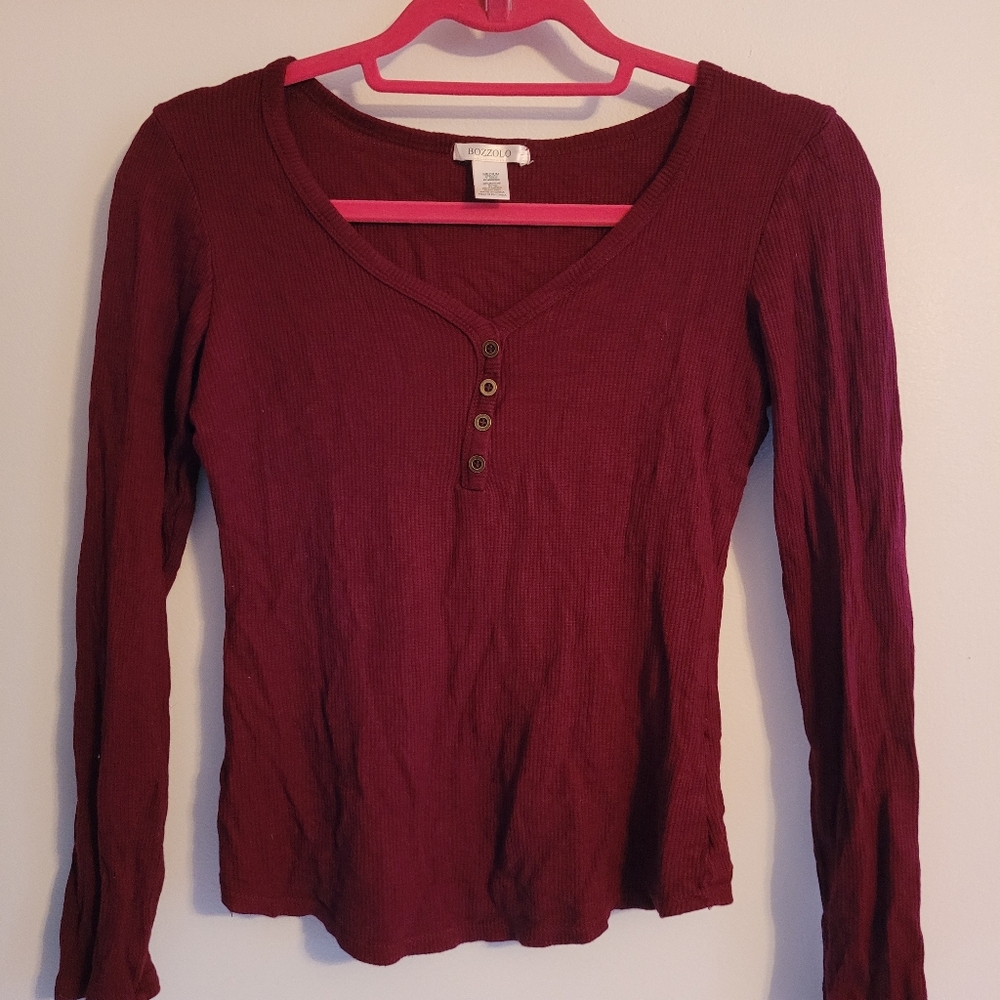 Bozzolo Burgundy Ribbed Long-Sleeve Henley Top